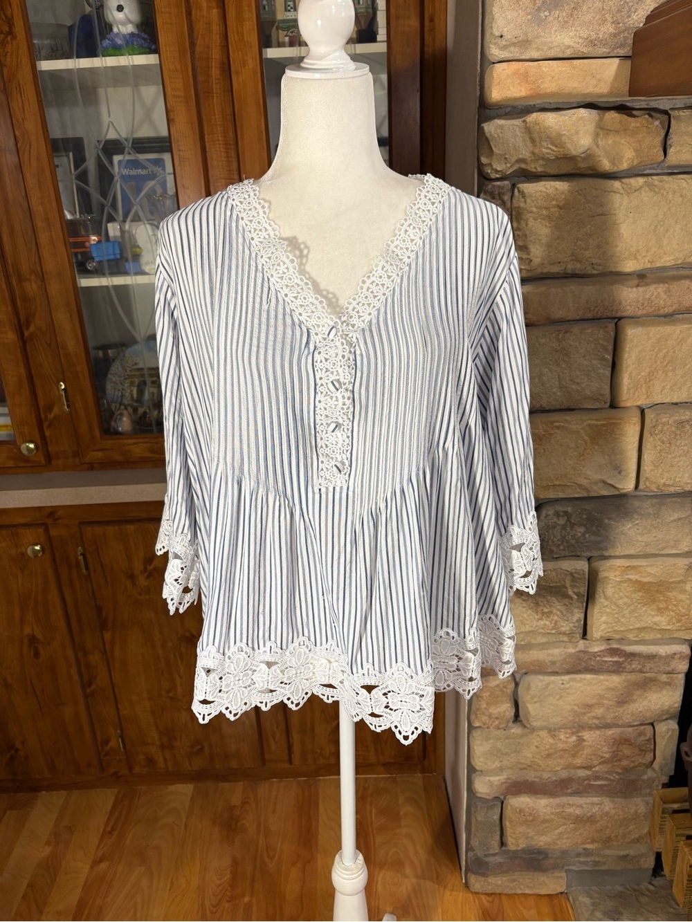 Chelsea & Theodore Blue and White Striped Peasant Blouse with Lace Trim